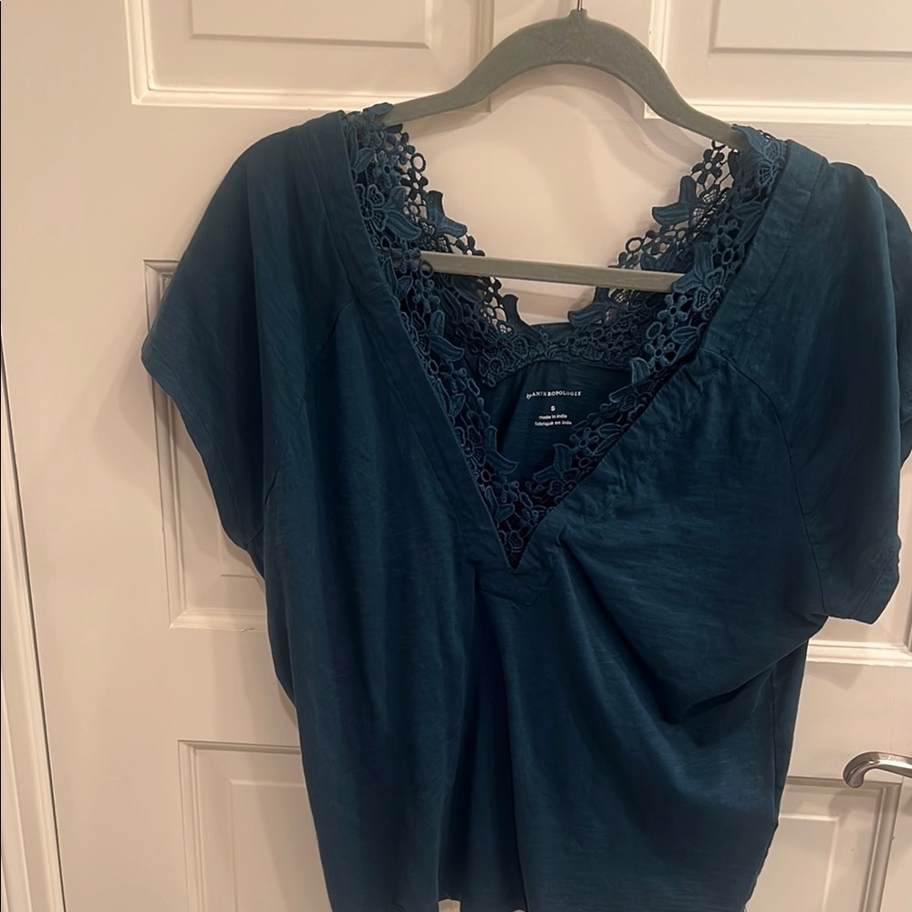 Anthropologie Teal Lace V-Neck Blouse